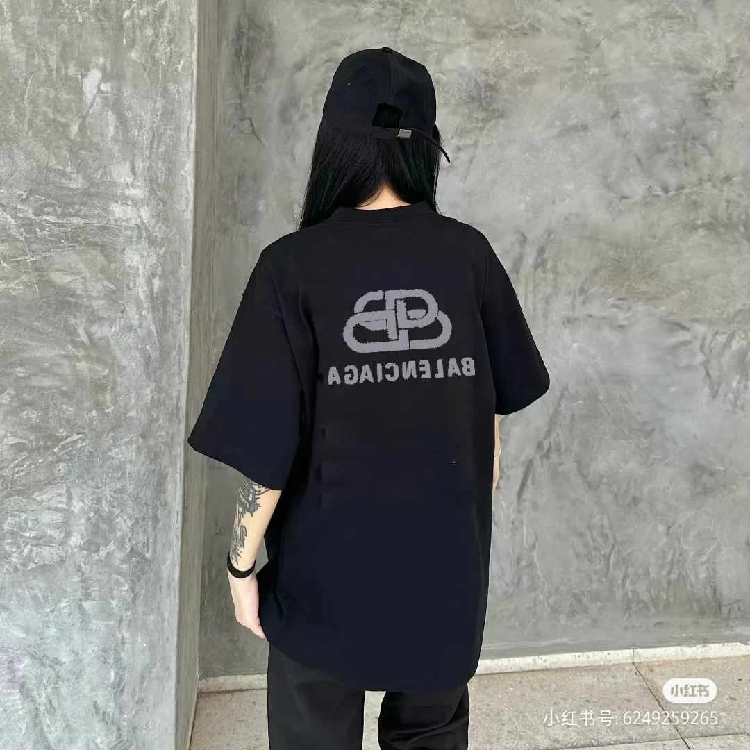 P80✨🔥 BALENCIAGA Paris lettering printed short-sleeved T-shirt, custom-woven and dyed 280g combed cotton heavyweight fabric, zero color difference in thread, perfect details, different from the current version on the market, welcome to compare, Same Style for men and women, must-sell in the picture above Color: White Black Size: 1 2 3 4